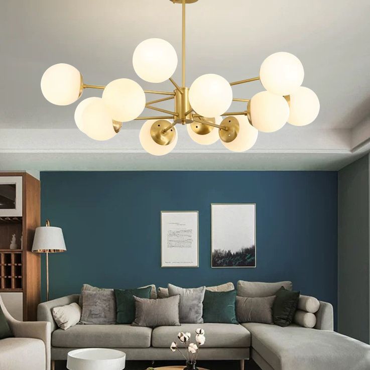 Post-Modern Metal Hanging Chandelier Light Opal Glass Shade Ceiling Chandelier in Gold for Bedroom