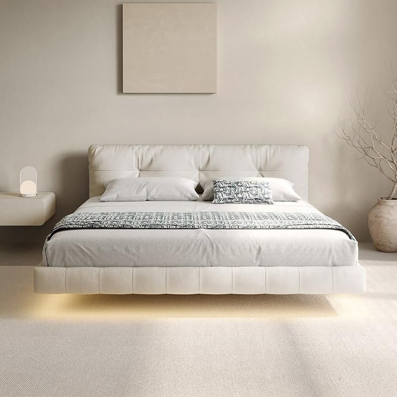 Genuine Leather Upholstered Platform Bed Light Beige Bed Frame