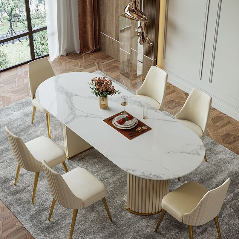 Traditional Luxury Dining Table Oval Sintered Stone Table with Double Pedestal Base