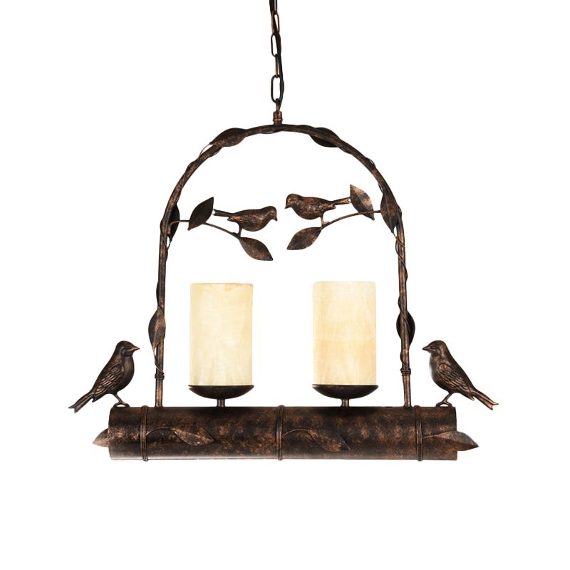 2 lumières Pendante lustre vintage Bird Cage Metal Hanging Lamp Kit avec cylindre Opal Glass Shade in Antique Black