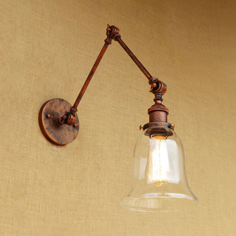 Dormitorio acampanado lámpara de luz estilo retro vidrio transparente 1 lámpara de pared de óxido ligero