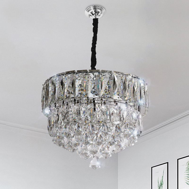 Stainless Steel Round/Square Tiers Pendant Modern Beveled Cut Crystal LED Hanging Light Fixture