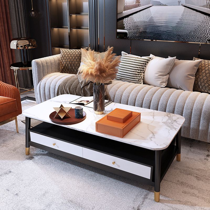 2 - Drawer and 1 - Shelf Coffee Table Rectangular Slate 4 Legs Cocktail Table