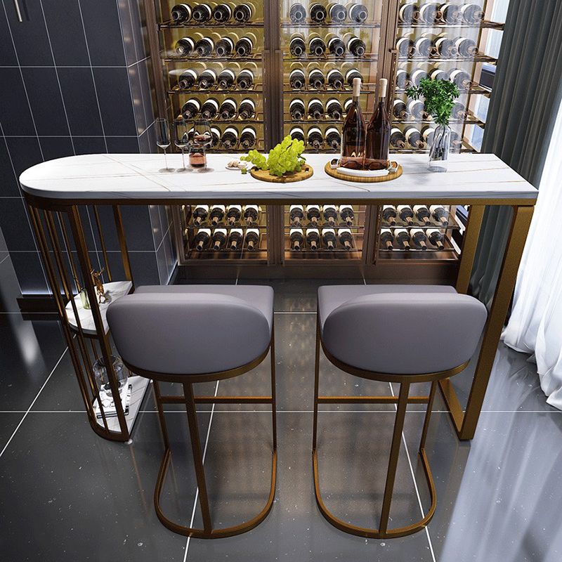 White Sintered Stone Bar Table Metal Base Dining Table with Storage Shelves