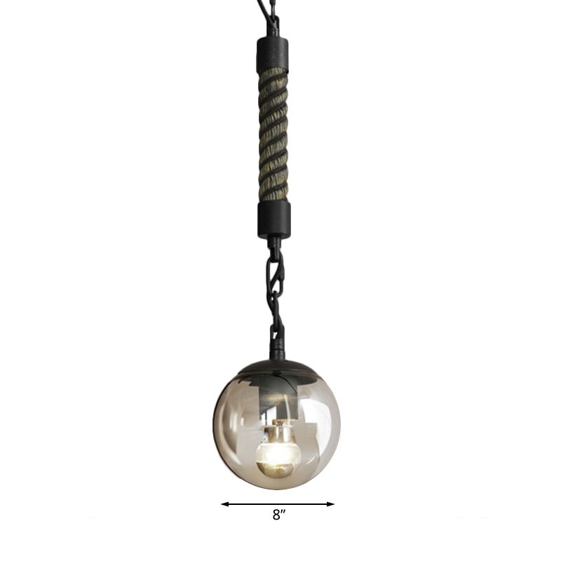 1 Light Tan Glass Pendant Light Lodge Stylish Black Finish Ball Restaurant Hanging Light with Rope