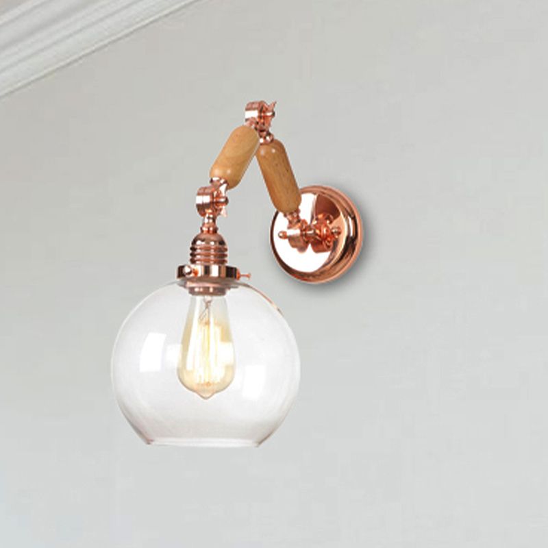 1 Bulb Globe Wall Mounted Light Fixture Rustic Rose Gold Clear Glass Lighting with Extendable Arm
