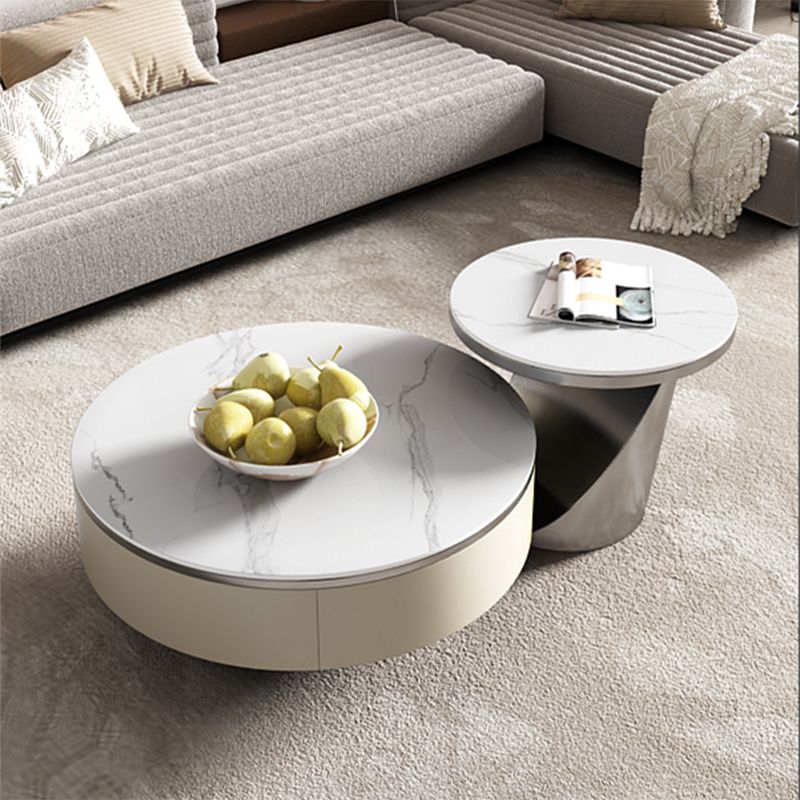 Slate Glam Coffee Table Round Nesting Coffee Table Set with Drawer