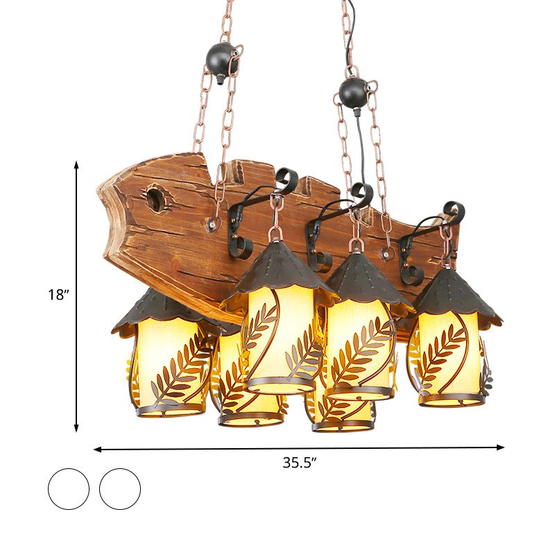 6 Lights Island Lamp Factory Fish-Shaped White Fabric/Clear Glass Hanging Lamp Kit in Black for Dining Room with Metal Arm
