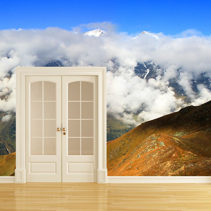 Modern Cloudy Melting Mountain Mural Blue-Brown Stain Resistant Wall Decor for Home