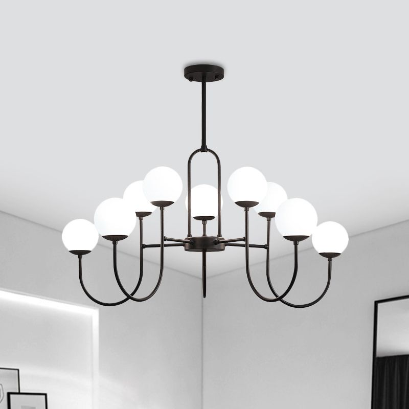 Arced Arm Iron Chandelier Light Fixture Modern 6/9-Head Black Finish Pendulum Lamp with Sphere Milk White Glass Shade