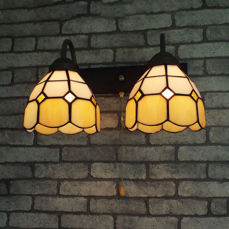 Dome Beige Glass Wall Light Fixture Tiffany 2 Heads Black Sconce Lighting with Pull Chain Switch