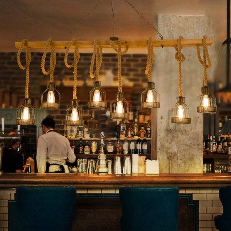 Industrial Wood Pendant Light Linear Shape Island Light with Metal Shade for Bar Counter