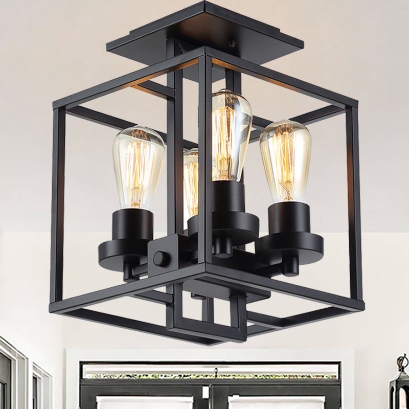 Square Living Room Semi Flush Industrial Style Metal 4 Lights Black/Silver/Gold Ceiling Lighting