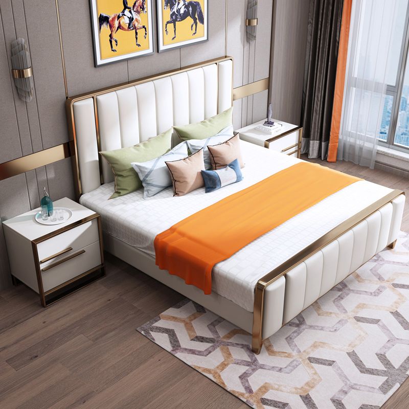 White Standard Bed Modern Bed Frame with Upholstered Headboard