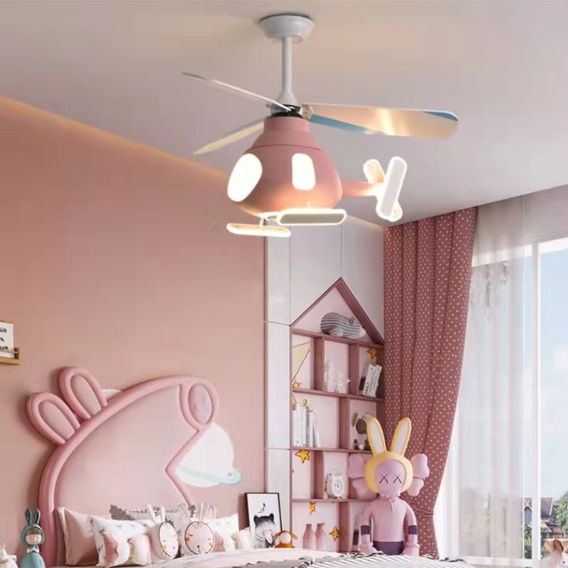 Metal Airplane Shaped Pendant Fan Lamp Cartoon LED Semi Flush Light for Kids Room