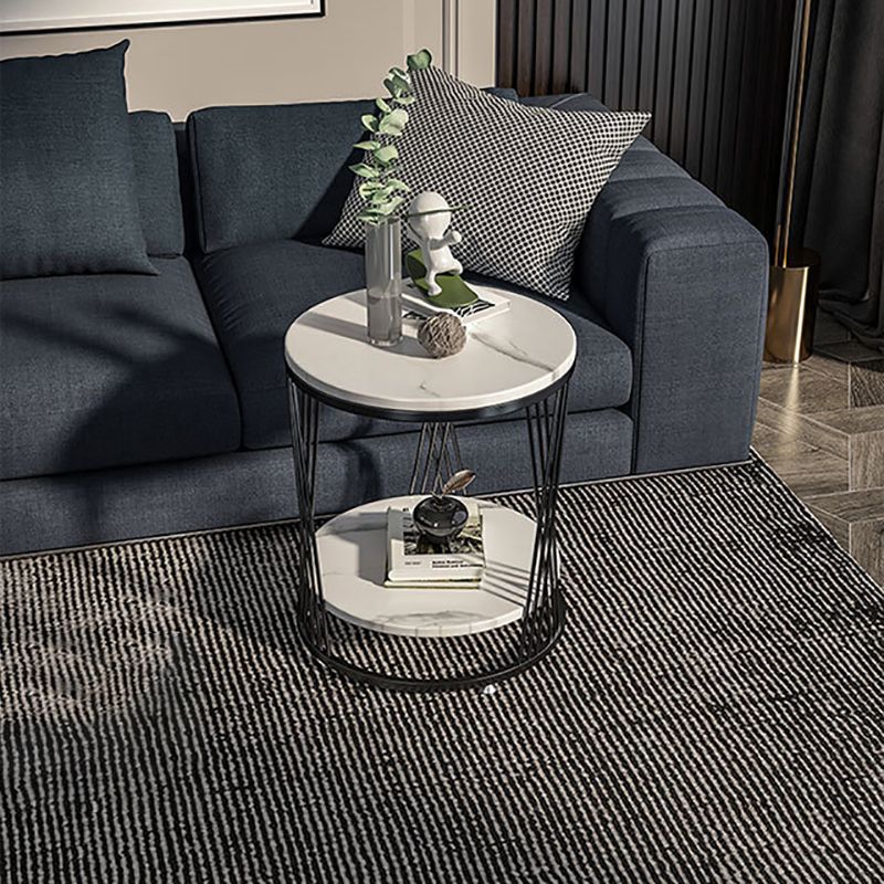 Modernistic Marble Frame with Shelf Round Double Tier Living Room End Table