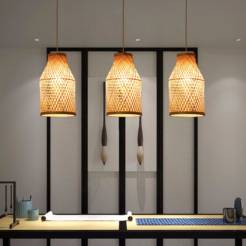 Beige Bottle Pendant Ceiling Light Modern 1 Light Bamboo Hanging Lamp Kit for Indoor