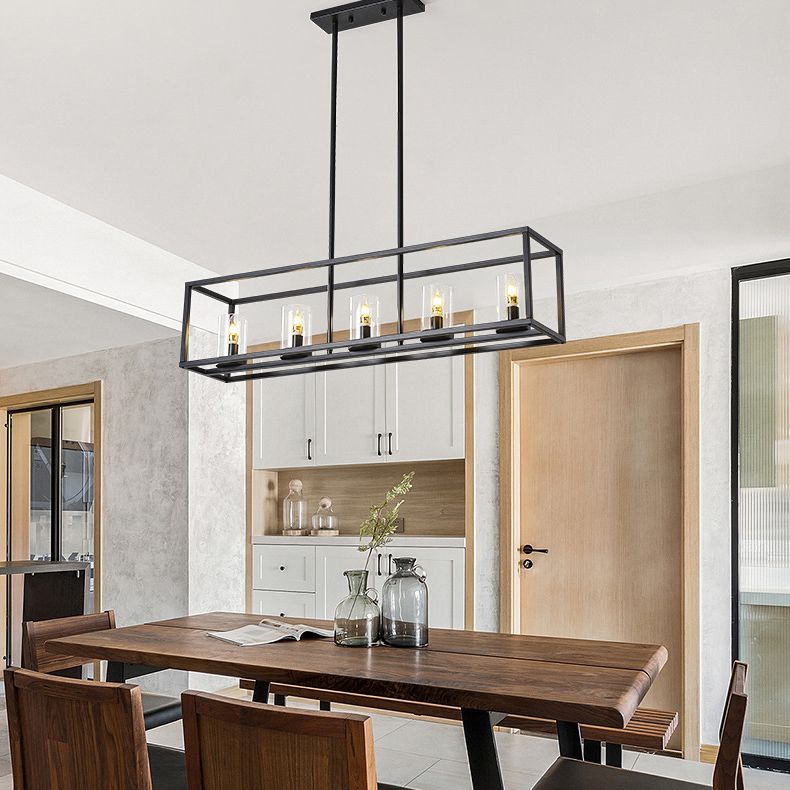 Glass 5 Lights Island Pendant Chandelier Rectangle Industrial Island Light Fixtures for Dining Room