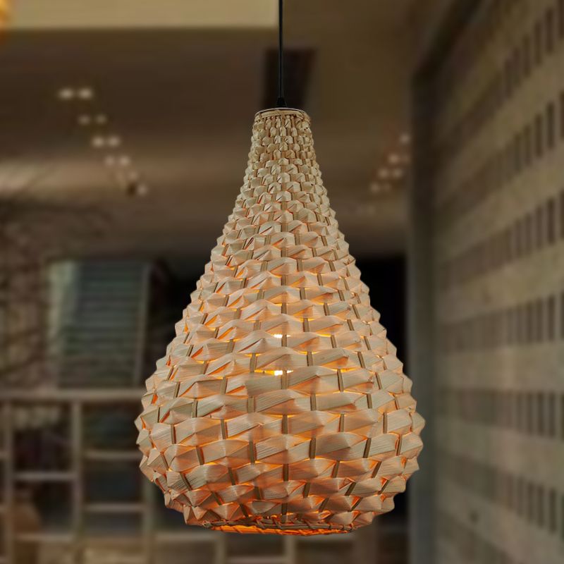Gourd Pendant Lighting Japanese Bamboo 1 Head Beige Hanging Ceiling Light, 8.5"/14" Wide