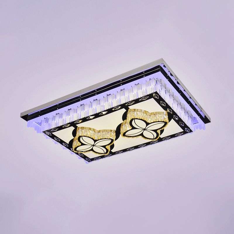 Clear Crystal Rectangle Flush Mount Lamp Simple LED Living Room Close to Ceiling Light with Maple Leaf/Four-leaf Clover Pattern
