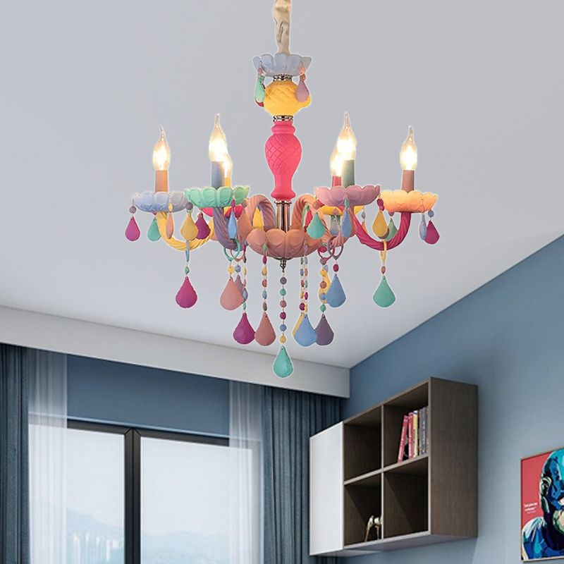 Kids Candle Chandelier with Crystal Decoration Multi-Color Hanging Light for Kindergarten
