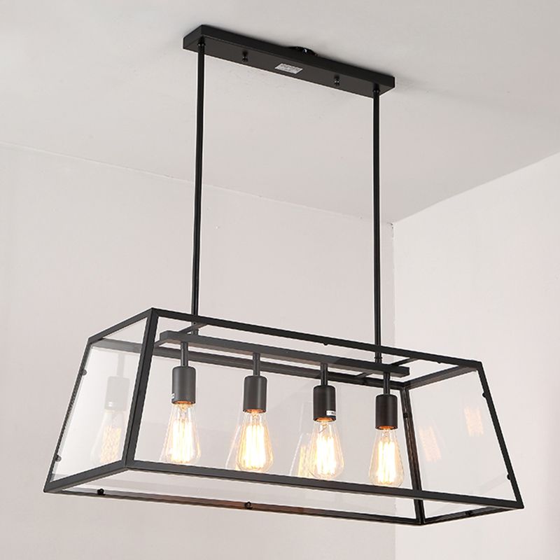 Industrial Black Island Light Metal 4 Lights Island Pendant with Glass for Dining Room