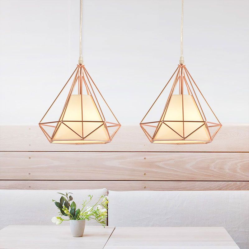 Rose Gold Diamond Cage Ceiling Light Macaron Style Metal and Fabric 1 Light Coffee Shop Pendant Lighting