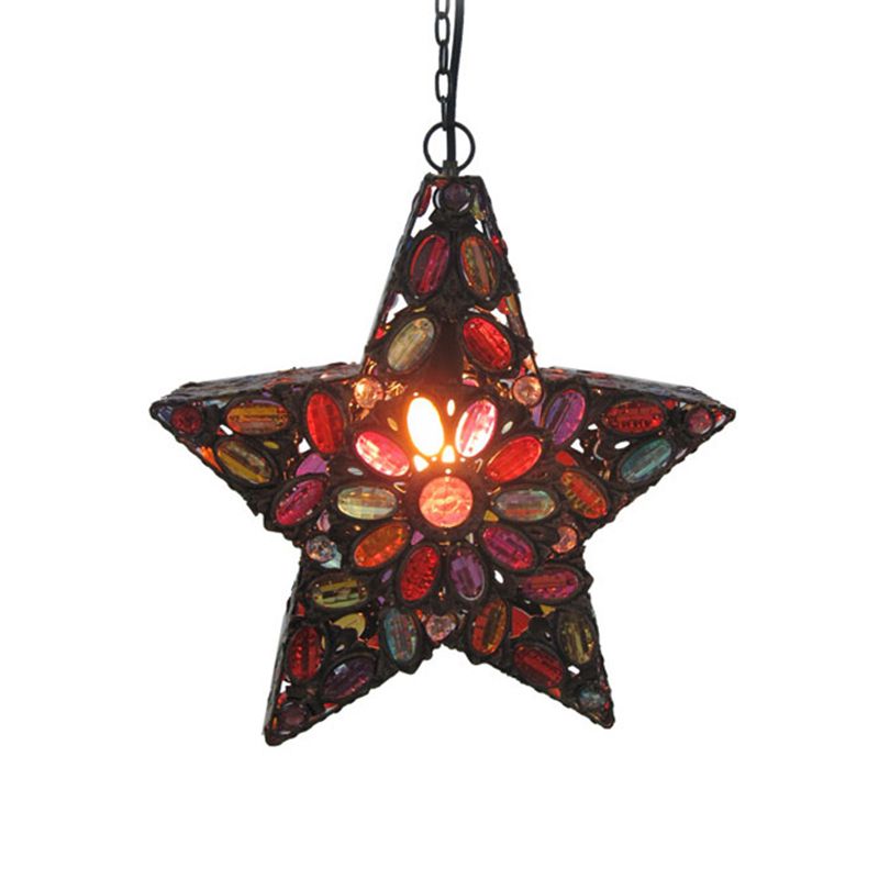 Metal Pentagram Pendant Ceiling Light Bohemian 1 Head Living Room Drop Lamp in Red
