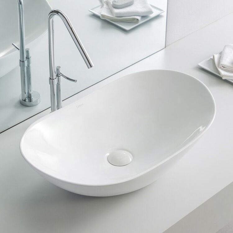 Contemporary Bathroom Sink Pop-Up Drain Porcelain Oval-Shape Vessel Lavatory Sink