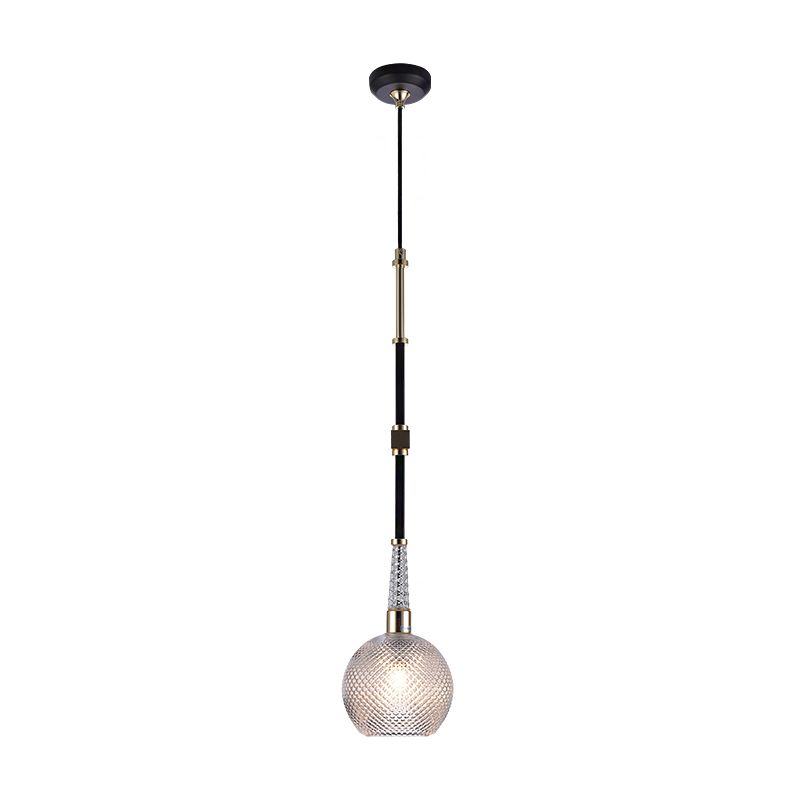 Globe Drop Pendant Modern Clear Latticed Glass 1 Bulb Black Hanging Ceiling Light for Bedside