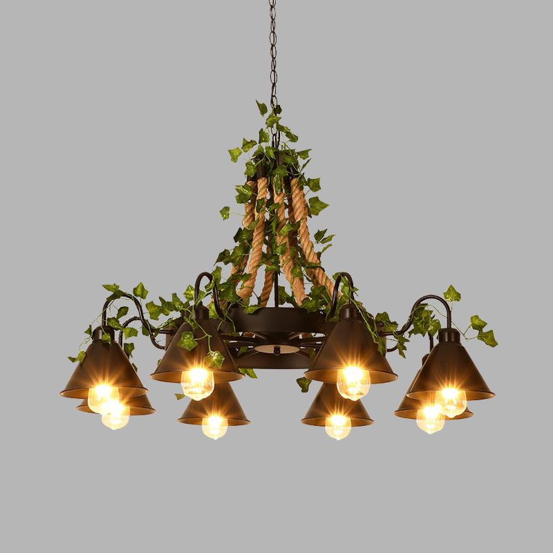 Industrial Cone Ceiling Chandelier 8 Bulbs Hemp Rope LED Hanging Light Fixture in Black with Plant Decor