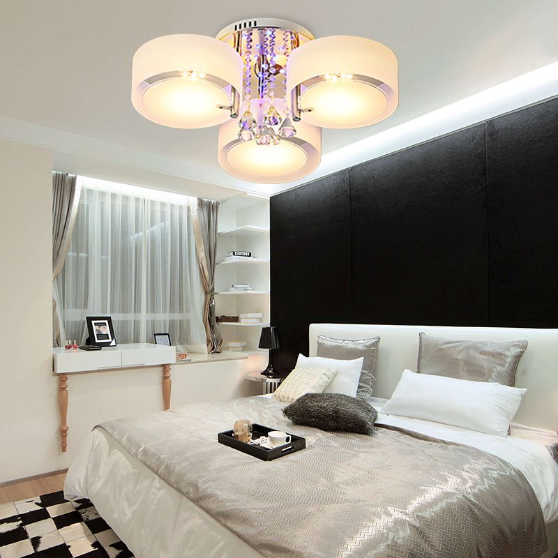 Drum Flush Mount Light Modern Frosted Glass 3/5/6 Heads White Ceiling Light with Crystal Drop