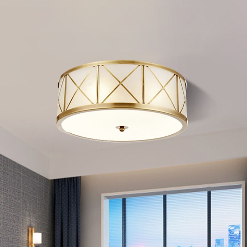3/4 Heads Cream Glass Ceiling Lamp Colonial Gold Round Bedroom Flush Light with Trellis Cage