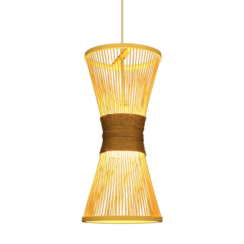 Hourglass Hanging Lamp Asian Style Bamboo Single Bulb Beige Ceiling Pendant Light