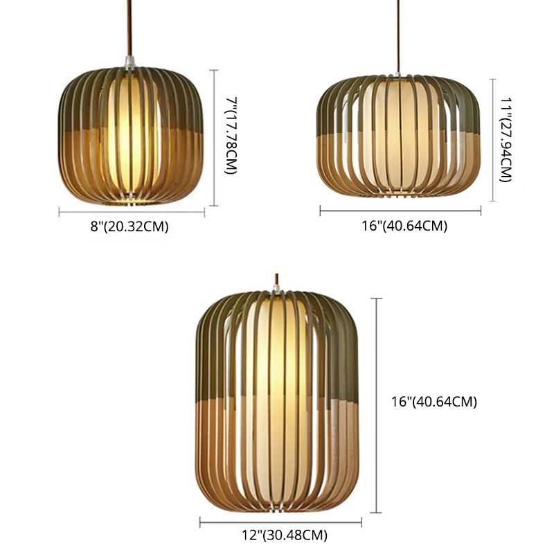 Green Color-Block Lantern Pendant Lamp Modern 1 Head Wooden Hanging Light for Dining Room