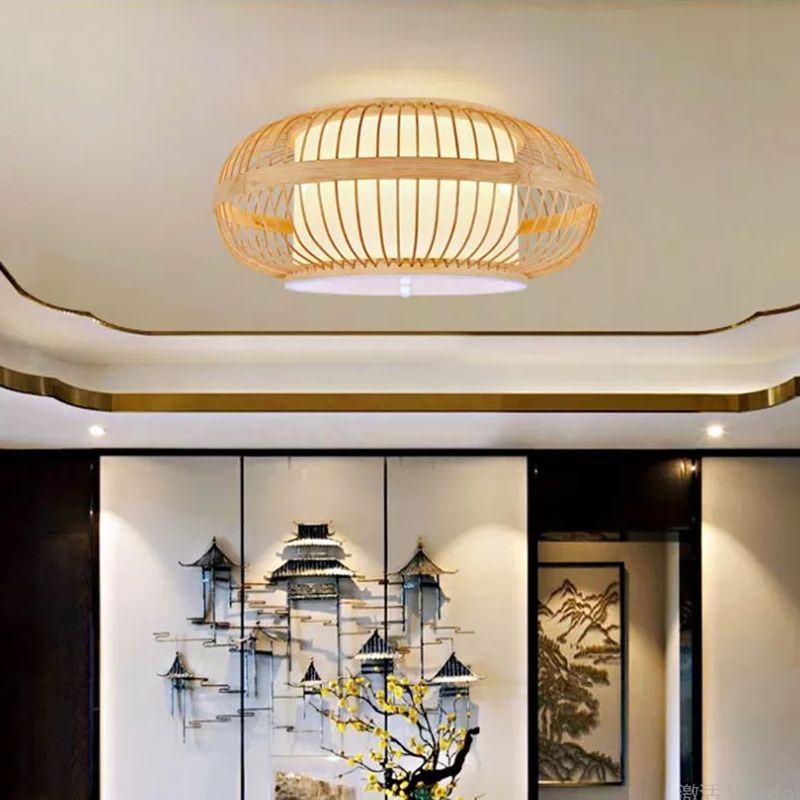 Curved Drum Flush Light Fixtures Rattan Japanese Flush Mount Ceiling Light Fixture