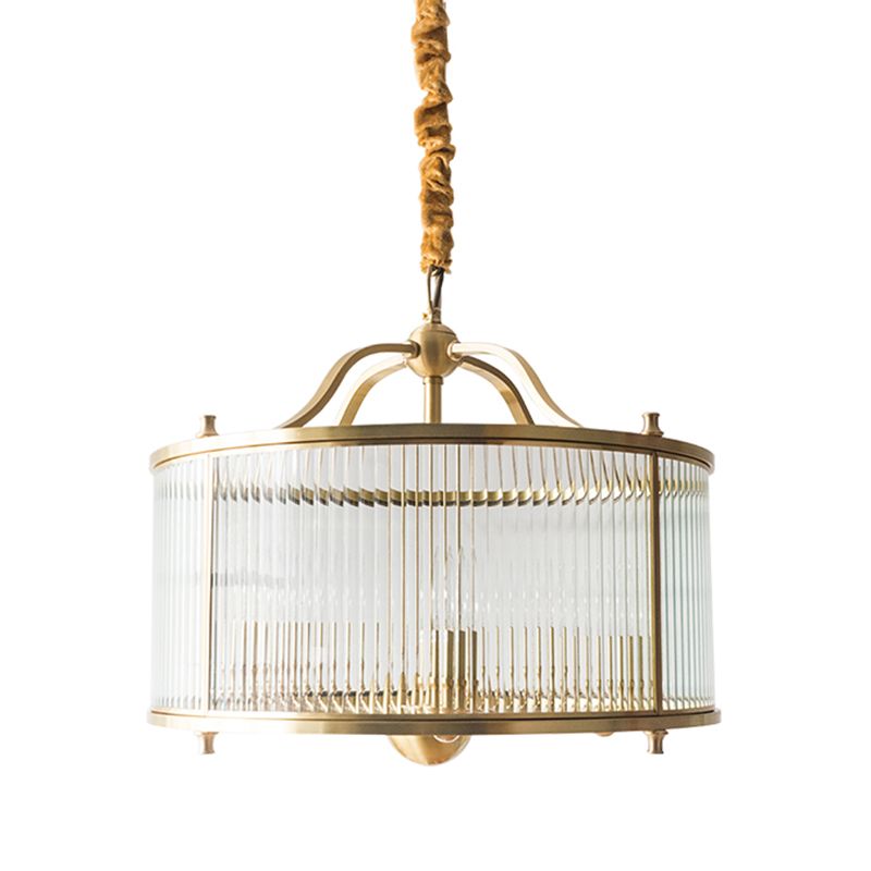 Copper Chandelier Light Fixtures American Style Multi-Head Drum Suspension Lamps with Glass Shade