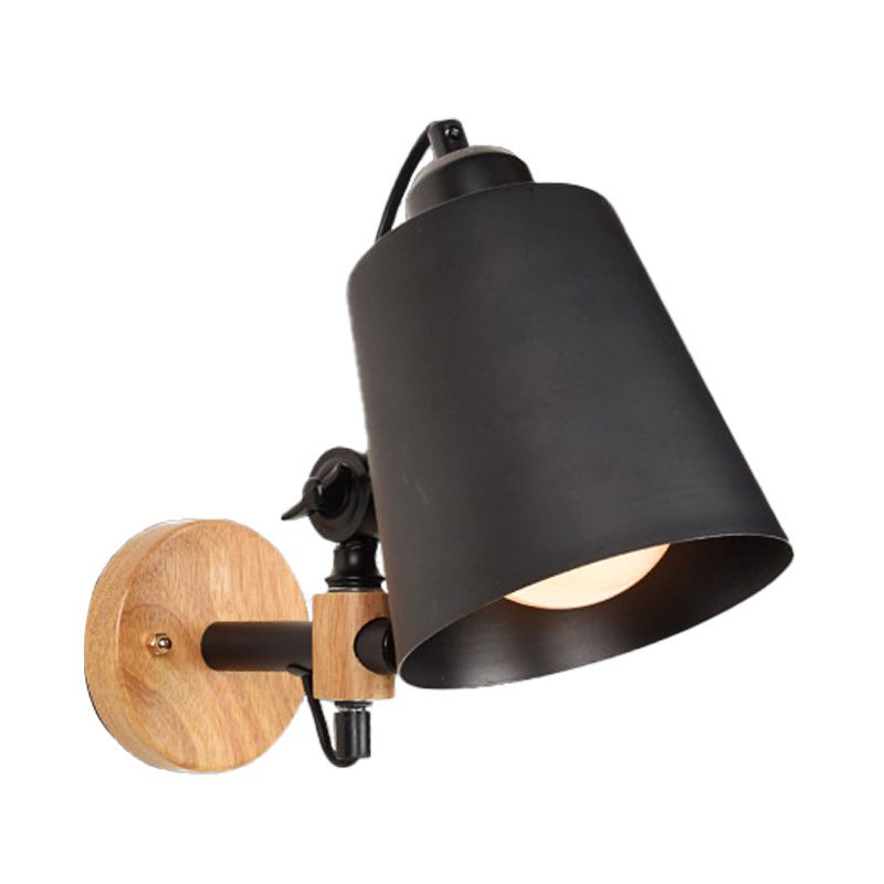 Bucket Shade Metal Wall Lamp Modernism 1 Light Corridor Wall Mount Light with Wooden Backplate in Black/White
