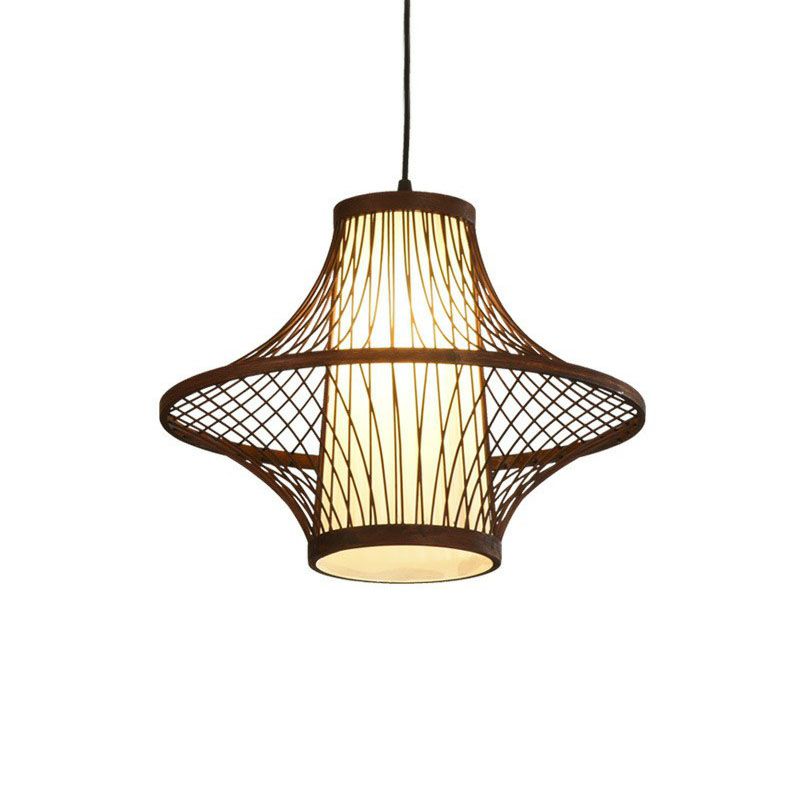 Flared Bamboo Pendant Light Fixture Asian Single Bulb Suspension Lighting with White Shade Inner