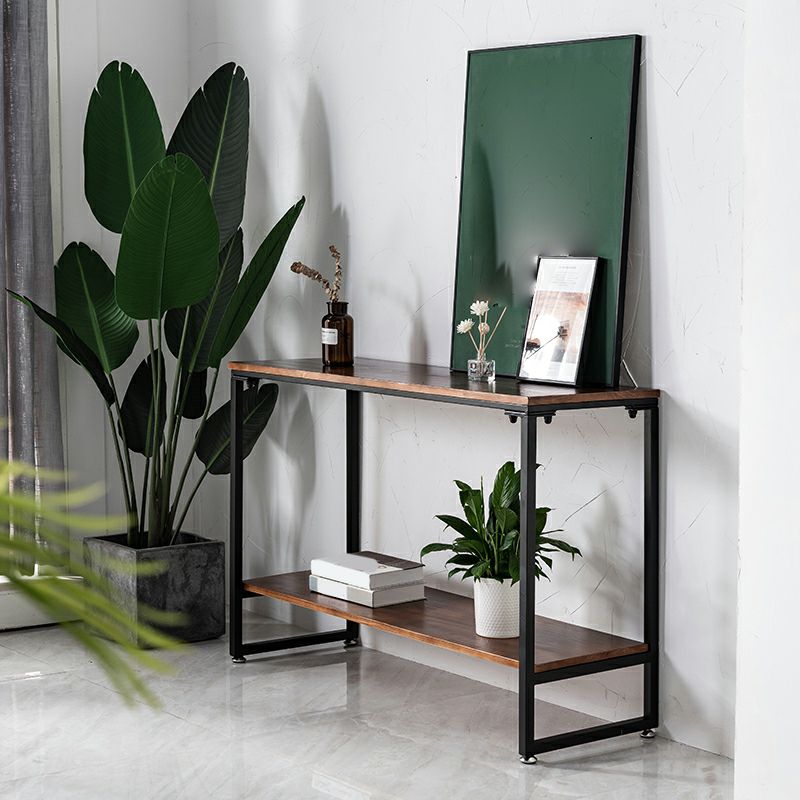 Dark Brown Solid Wood Top Console Table with Metal Sled Legs