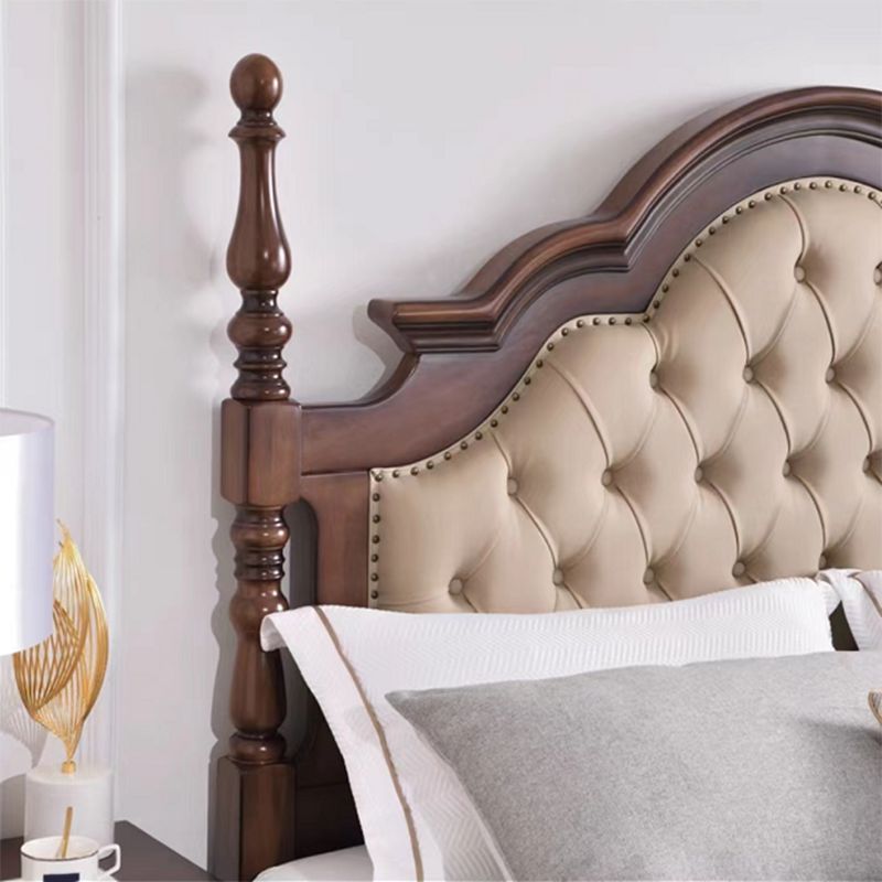 Brown Wood King Bed Tufted Nailhead Upholstered Bed Frame with Headboard