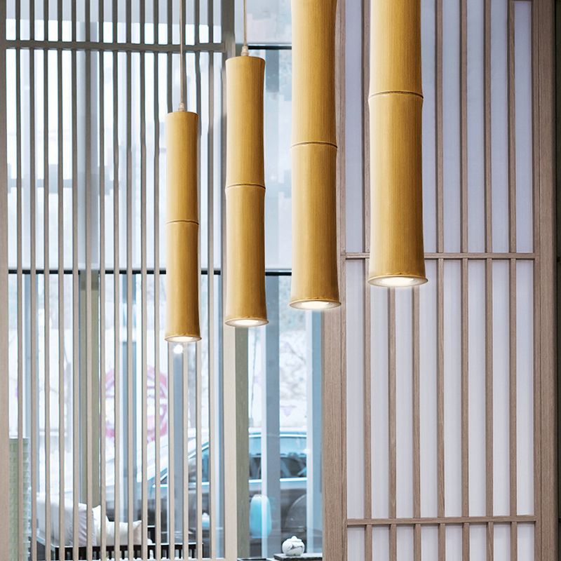 Asian 1 Head Ceiling Lamp Wood Cylindrical Hanging Pendant Light with Resin Shade