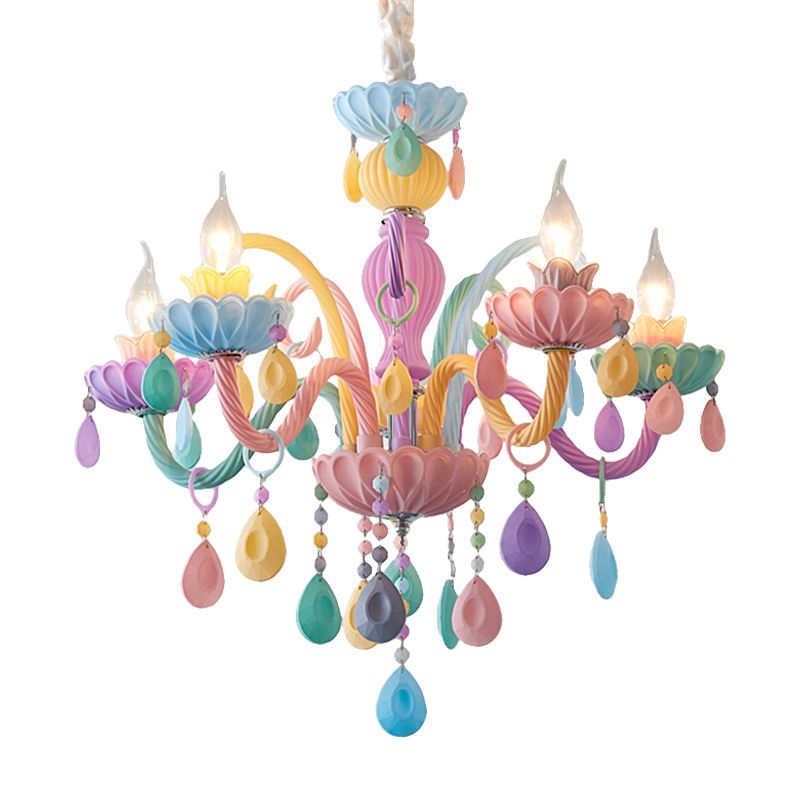 Candle Kid Bedroom Chandelier Glass Macaron Style Multi-Color Suspension Light with Teardrop Crystal