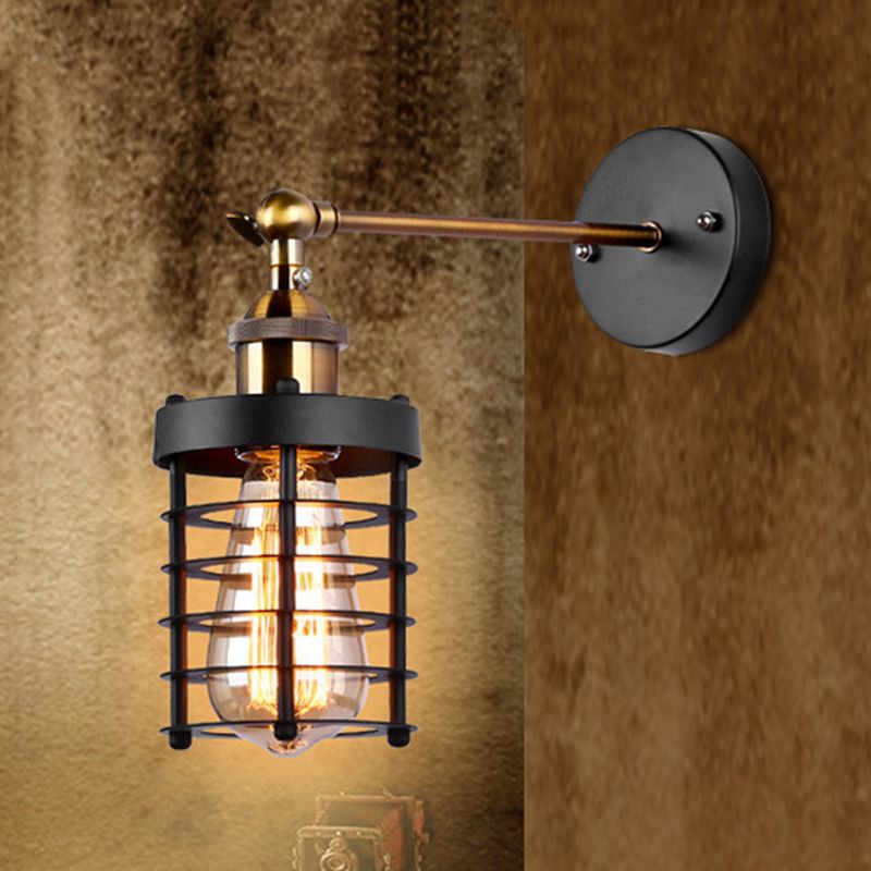 Metal Caged Wall Lighting Industrial Rustic 1 Light Indoor Mini Wall Mount Light with Cylindrical Shade
