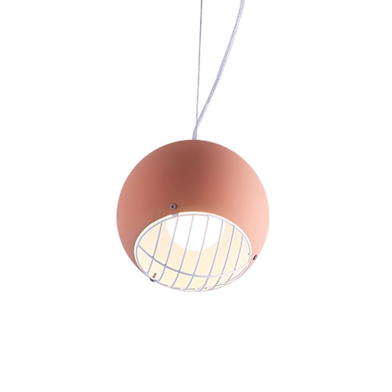 Macaron Mini Dome Pendant Lighting Aluminum 1 Head Bedside Ceiling Light in Pink with Wire Guard Bottom