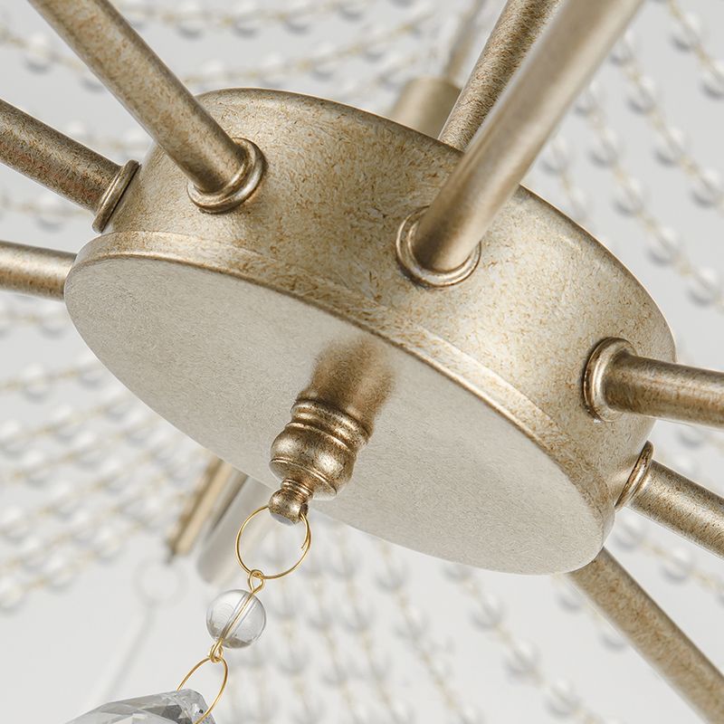 Countryside Scalloped Chandelier Lamp Crystal Strand Ceiling Pendant Light in Brass for Dining Room