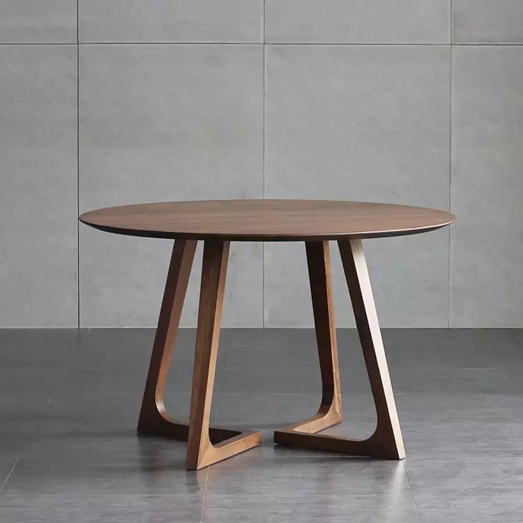 Round Shape Double Pedestal Modern Dining Table Wood Color Fixed Table with Solid Wood