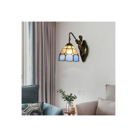 Blue Glass Grid Patterned Wall Mounted Light Tiffany 1 Head Antique Brass Sconce Light