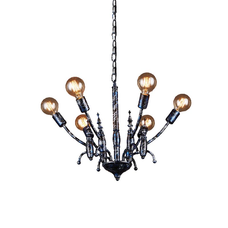 Black 6 Lights Chandelier Light Fixture Vintage Metal Exposed Bulb Pendant Lamp with Sputnik Shade