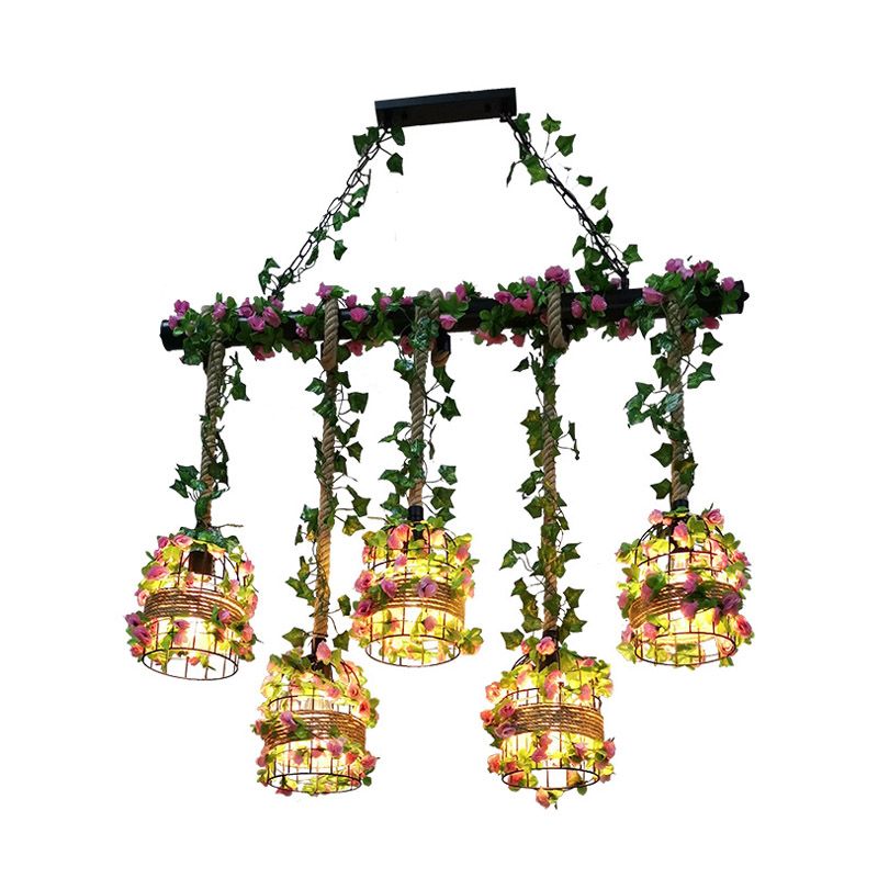 Black Cage Island Lighting Fixture Industrial Metal 5 Heads Restaurant Plant Ceiling Lamp